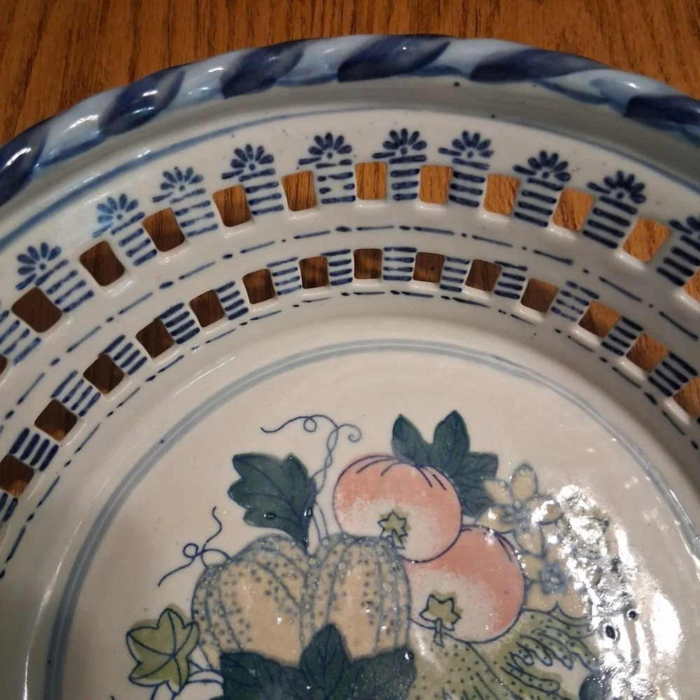 Vintage 90s Cottagecore Stoneware Basket Handles Fruit Lattice Butter Mom